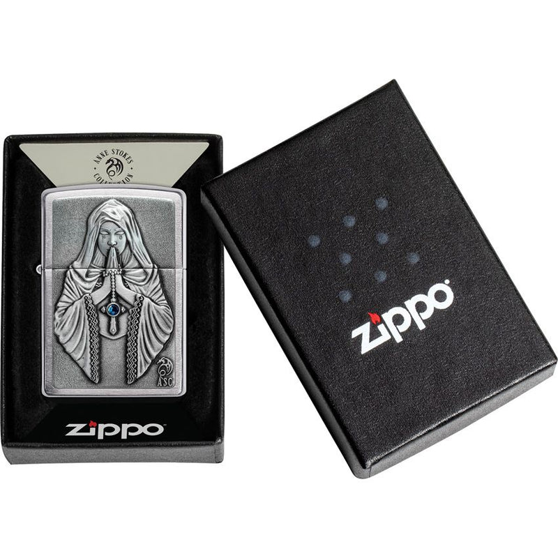 Zippo Praying Woman Emblem Brushed Chrome And Dimensions: 0.5" x 2.25" 71283 -Zippo - Survivor Hand Precision Knives & Outdoor Gear Store