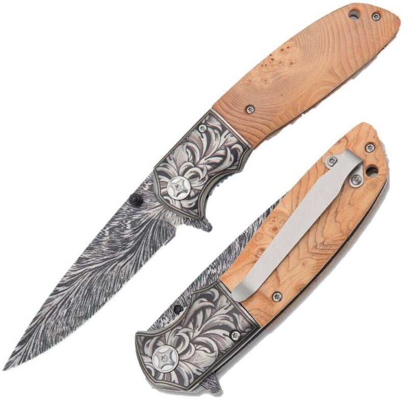 Hen & Rooster Linerlock Folding Knife 3.75" Damascus/Stainless Steel Blade Wood Handle 012BRLW -Hen & Rooster - Survivor Hand Precision Knives & Outdoor Gear Store