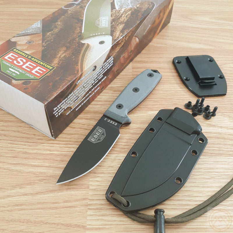 ESEE Model 3 Fixed Knife 3.75" Black Powder Coated 1095HC Steel Blade Linen Micarta Handle 3PB -ESEE - Survivor Hand Precision Knives & Outdoor Gear Store