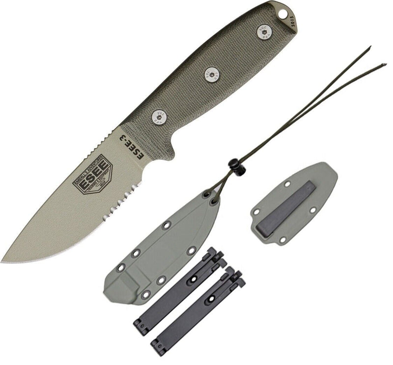 ESEE Model 3 Fixed Knife 3.75" Desert Tan Powder Coated Part Serrated 1095HC Steel Blade Micarta Handle 3SMDT -ESEE - Survivor Hand Precision Knives & Outdoor Gear Store