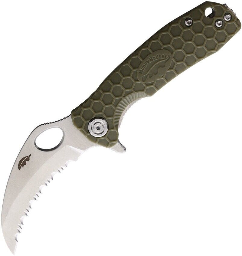 Honey Badger Knives Small Linerlock Folding Knife 2.75" Serrated 8Cr13MoV Steel Claw Blade Green Textured GRN Handle 1153 -Honey Badger Knives - Survivor Hand Precision Knives & Outdoor Gear Store