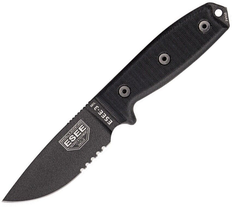 ESEE Model 3 Fixed Knife 3.75" Black Powder Coated Part Serrated 1095HC Steel Blade G10 Handle 3MILSBLK -ESEE - Survivor Hand Precision Knives & Outdoor Gear Store