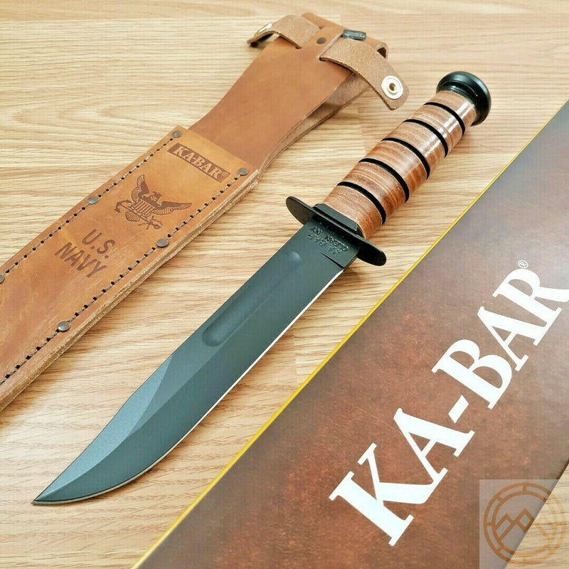 KABAR US Navy Fighting Utility Knife 1095 Steel Blade Stacked Leather / Carbon Handle 1225 -Ka-Bar - Survivor Hand Precision Knives & Outdoor Gear Store