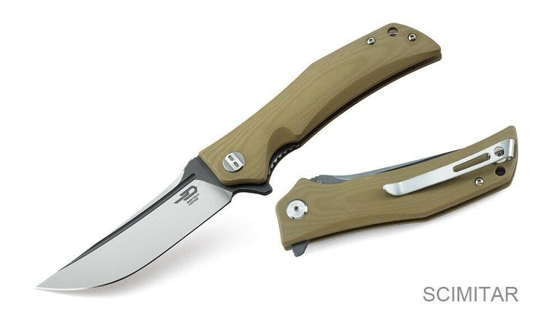 Bestech Knives Scimitar Linerlock Folding Knife 3.75" D2 Tool Steel Blade Tan G10 Handle G05C2 -Bestech Knives - Survivor Hand Precision Knives & Outdoor Gear Store