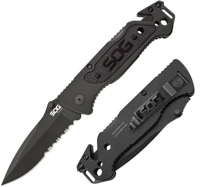 SOG Escape Lockback Folding Knife 3.25" 9Cr18MoV Steel Blade Black Aluminum Handle FF25CP -SOG - Survivor Hand Precision Knives & Outdoor Gear Store