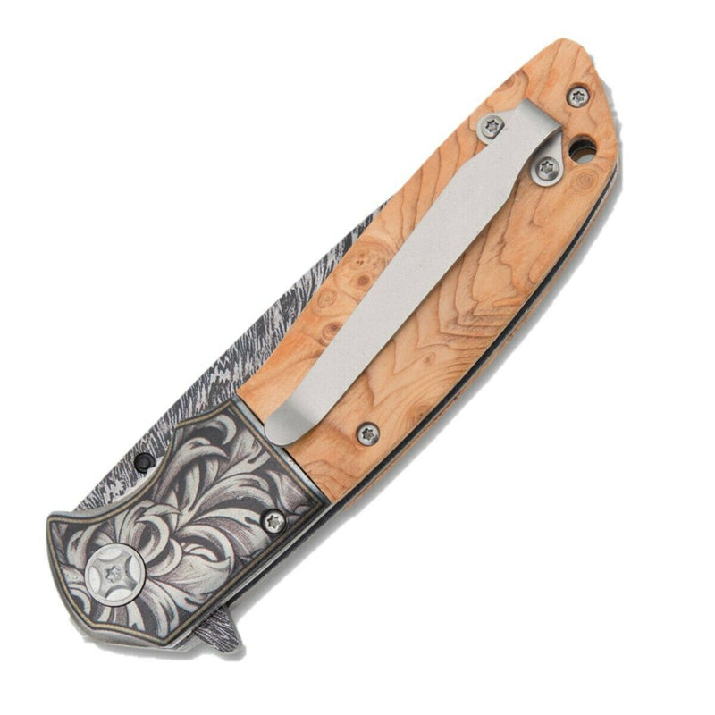 Hen & Rooster Linerlock Folding Knife 3.75" Damascus/Stainless Steel Blade Wood Handle 012BRLW -Hen & Rooster - Survivor Hand Precision Knives & Outdoor Gear Store