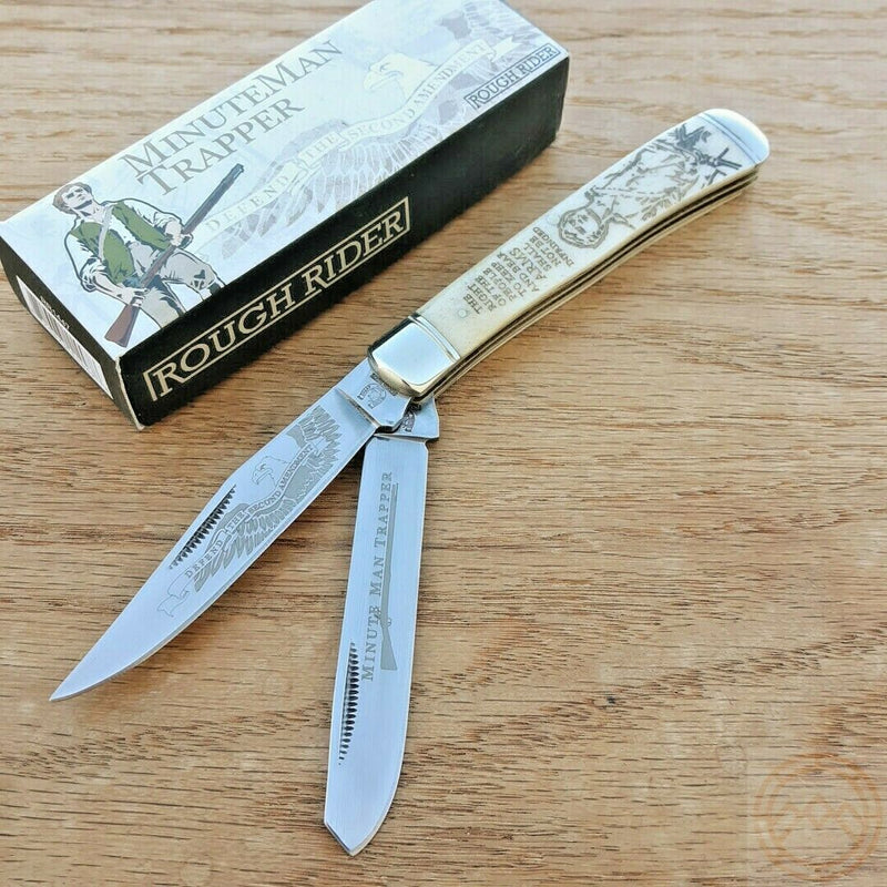 Rough Ryder Minute Man Trapper Pocket Knife Stainless Steel Blades White Bone Handle 1447 -Rough Ryder - Survivor Hand Precision Knives & Outdoor Gear Store