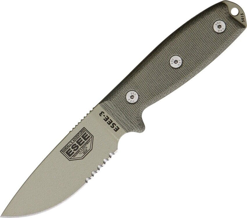 ESEE Model 3 Fixed Knife 3.75" Desert Tan Powder Coated Part Serrated 1095HC Steel Blade Micarta Handle 3SMDT -ESEE - Survivor Hand Precision Knives & Outdoor Gear Store