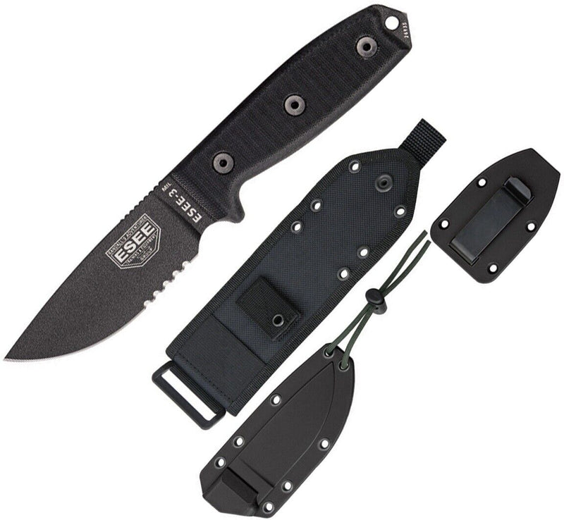 ESEE Model 3 Fixed Knife 3.75" Black Powder Coated Part Serrated 1095HC Steel Blade G10 Handle 3MILSBLK -ESEE - Survivor Hand Precision Knives & Outdoor Gear Store