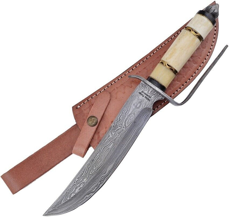 Frost Cutlery Bowie Fixed Knife 9.5" Damascus Steel Blade Smooth Bone Handle FD82SB -Frost Cutlery - Survivor Hand Precision Knives & Outdoor Gear Store