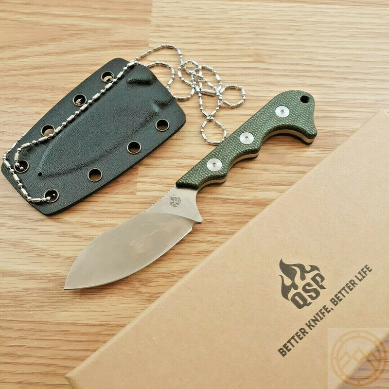 QSP Knife Neckmuk Neck Fixed Knife 2.88" D2 Tool Steel Blade Green Linen Micarta Handle 125F -QSP Knife - Survivor Hand Precision Knives & Outdoor Gear Store