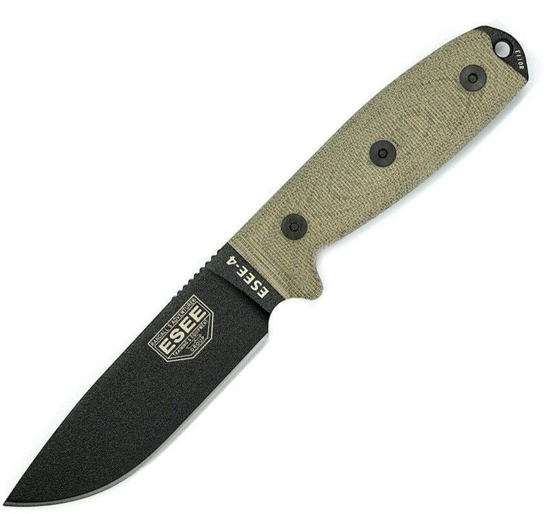 ESEE Model 4 Fixed Knife 4.5" Black Powder Coated 1095HC Steel Blade Green Canvas Micarta Handle 4PB017 -ESEE - Survivor Hand Precision Knives & Outdoor Gear Store