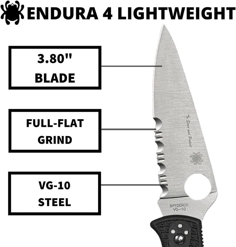 Spyderco Endura 4 Lockback Folding Knife 3.88" VG-10 Steel Blade Black Bi-Directional Texture FRN Handle 10FPSBKBL -Spyderco - Survivor Hand Precision Knives & Outdoor Gear Store