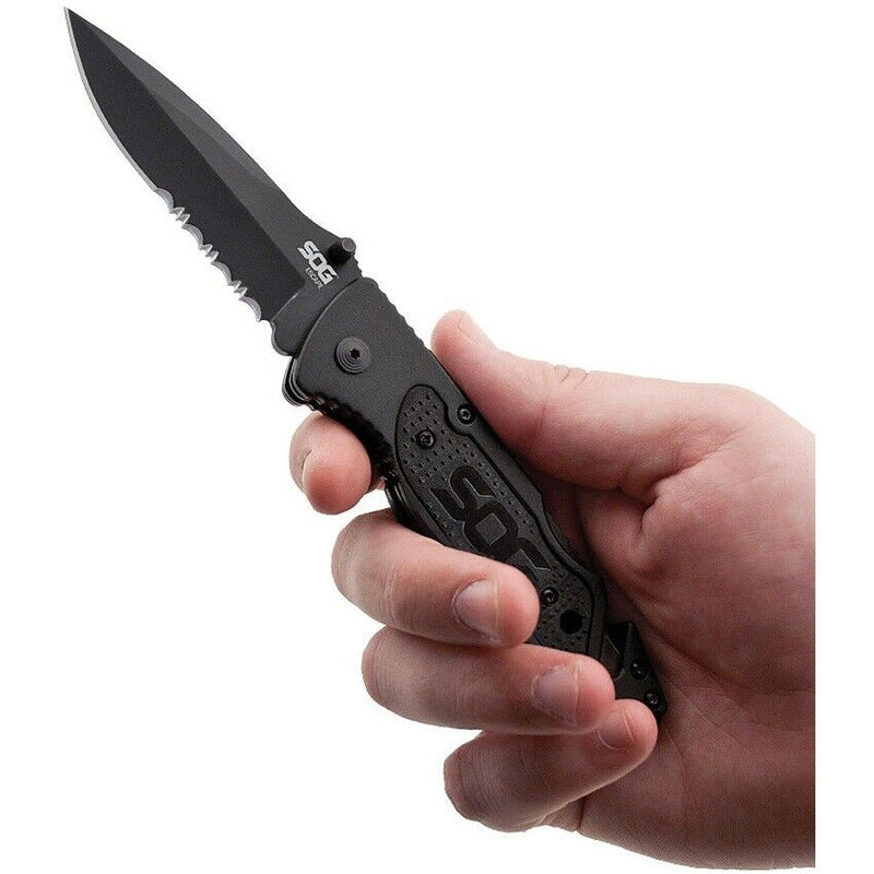 SOG Escape Lockback Folding Knife 3.25" 9Cr18MoV Steel Blade Black Aluminum Handle FF25CP -SOG - Survivor Hand Precision Knives & Outdoor Gear Store