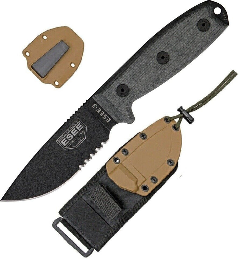 ESEE Model 3 Fixed Knife 3.75" Black Powder Coated Part Serrated 1095HC Steel Blade Micarta Handle 3SMMB -ESEE - Survivor Hand Precision Knives & Outdoor Gear Store