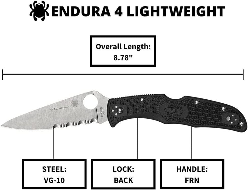 Spyderco Endura 4 Lockback Folding Knife 3.88" VG-10 Steel Blade Black Bi-Directional Texture FRN Handle 10FPSBKBL -Spyderco - Survivor Hand Precision Knives & Outdoor Gear Store