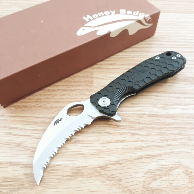 Honey Badger Knives Small Liner Folding Knife 2.75" Serrated 8Cr13MoV Steel Claw Blade Black Textured GRN Handle 1151 -Honey Badger Knives - Survivor Hand Precision Knives & Outdoor Gear Store