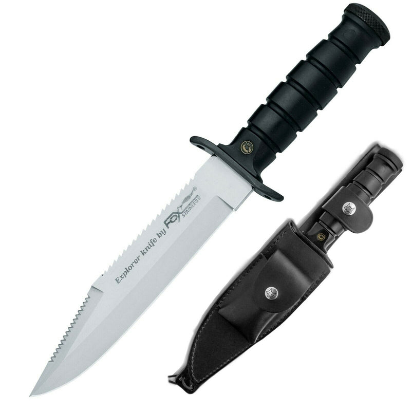 Fox Military Explorer Knife 7.5" Stainless Steel Sawback Blade Black Grooved Synthetic Handle 698 -Fox - Survivor Hand Precision Knives & Outdoor Gear Store