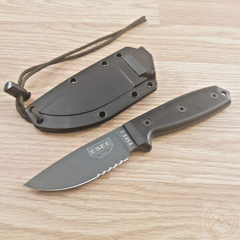 ESEE Model 3 Fixed Knife 3.75" Black Powder Coated Part Serrated 1095HC Steel Blade Micarta Handle 3STGB -ESEE - Survivor Hand Precision Knives & Outdoor Gear Store