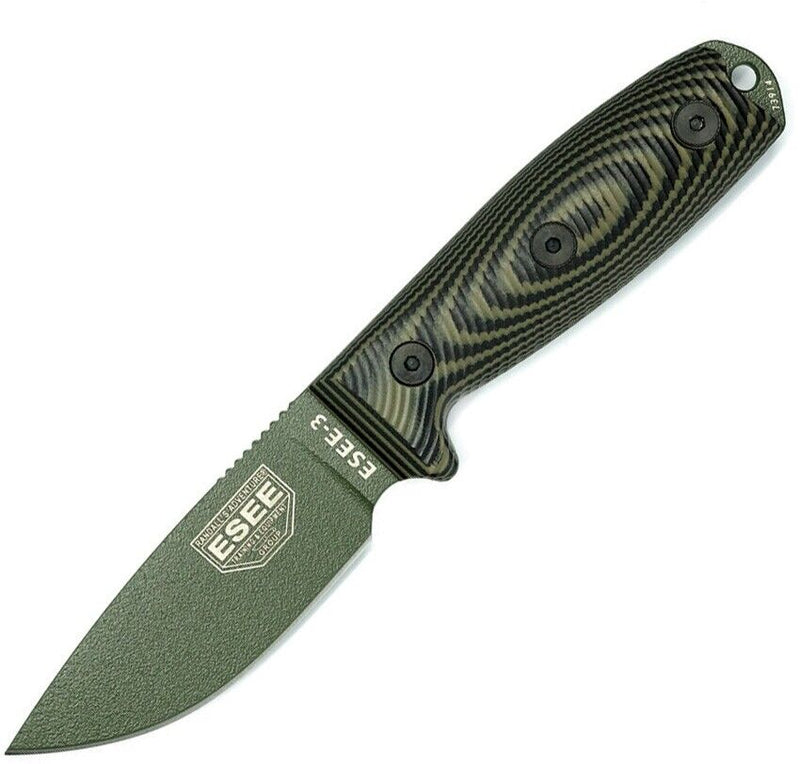 ESEE Model 3 Fixed Knife 3.88" OD Green Powder Coated 1095HC Steel Blade 3D Machined G10 Handle 3PMOD003 -ESEE - Survivor Hand Precision Knives & Outdoor Gear Store