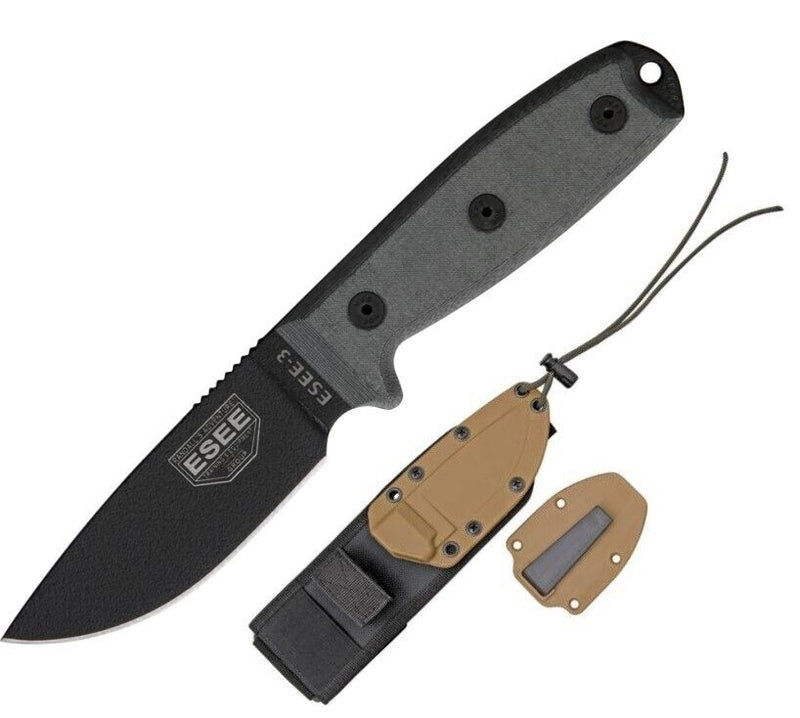 ESEE Model 3 Fixed Knife 3.75" Black Powder Coated Double Edge 1095HC Steel Blade Micarta Handle 3PMMB -ESEE - Survivor Hand Precision Knives & Outdoor Gear Store