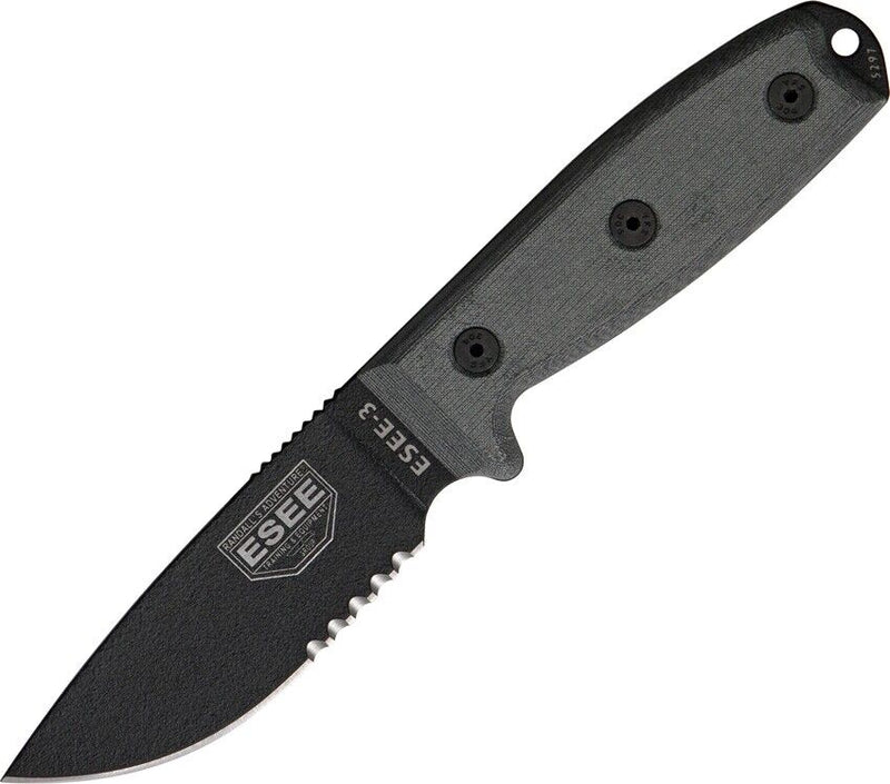 ESEE Model 3 Fixed Knife 3.75" Black Powder Coated Part Serrated 1095HC Steel Blade Micarta Handle 3SMMB -ESEE - Survivor Hand Precision Knives & Outdoor Gear Store