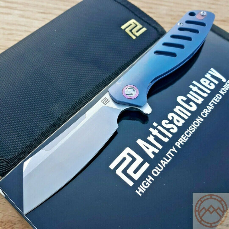 Artisan Cutlery Tomahawk Folding Knife 3" Bohler M390 Steel Blade Blue Titanium Handle 1815GSBUM -Artisan Cutlery - Survivor Hand Precision Knives & Outdoor Gear Store