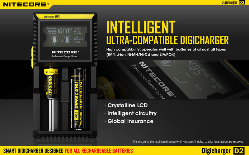 Nitecore Digicharger Battery Charger Independent Simultaneous LCD Panel Displays Made From ABS D2 -Nitecore - Survivor Hand Precision Knives & Outdoor Gear Store