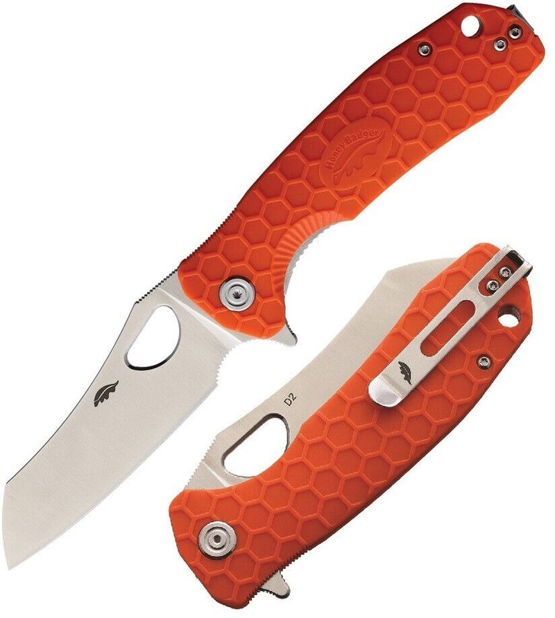 Honey Badger Knives Large Liner Folding Knife 3.63" D2 Tool Steel Warncleaver Blade Orange Textured GRN Handle 1160 -Honey Badger Knives - Survivor Hand Precision Knives & Outdoor Gear Store