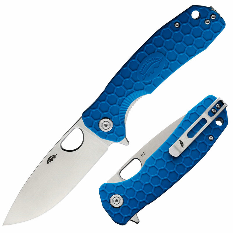 Honey Badger Knives Large Linerlock Folding Knife 3.63" D2 Tool Steel Blade Blue Textured GRN Handle 1020 -Honey Badger Knives - Survivor Hand Precision Knives & Outdoor Gear Store