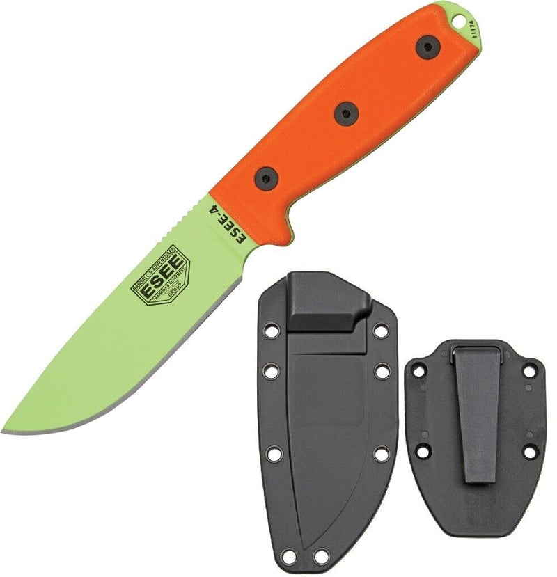 ESEE Model 4 Fixed Knife 4.5" Green Powder Coated 1095HC Steel Blade Orange G10 Handle 4PVG -ESEE - Survivor Hand Precision Knives & Outdoor Gear Store