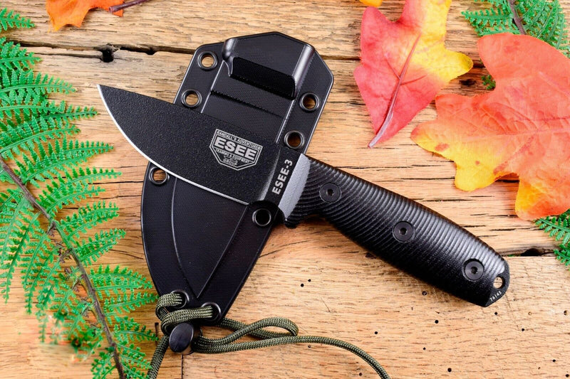 ESEE Model 3 Fixed Knife 3.88" Black Powder Coated 1095HC Steel Blade 3D Machined G10 Handle 3PMB001 -ESEE - Survivor Hand Precision Knives & Outdoor Gear Store