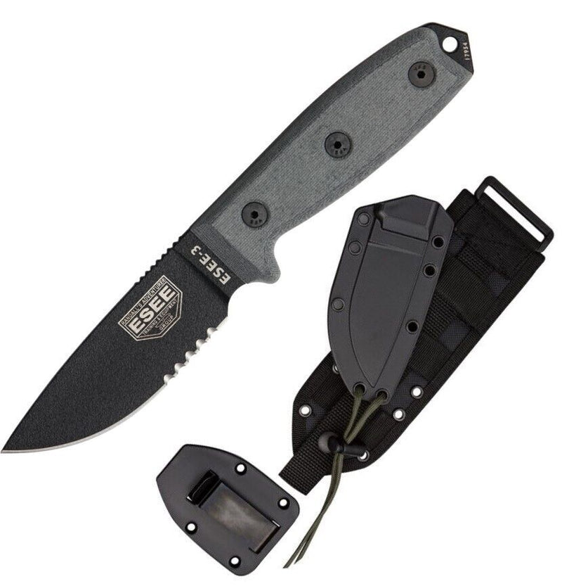 ESEE Model 3 Fixed Knife 3.75" Black Powder Coated Part Serrated 1095HC Steel Blade Micarta Handle 3SBMB -ESEE - Survivor Hand Precision Knives & Outdoor Gear Store