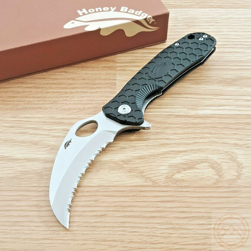 Honey Badger Knives Large Linerlock Folding Knife 3.38" Serrated 8Cr13MoV Steel Claw Blade Black Textured GRN Handle 1111 -Honey Badger Knives - Survivor Hand Precision Knives & Outdoor Gear Store