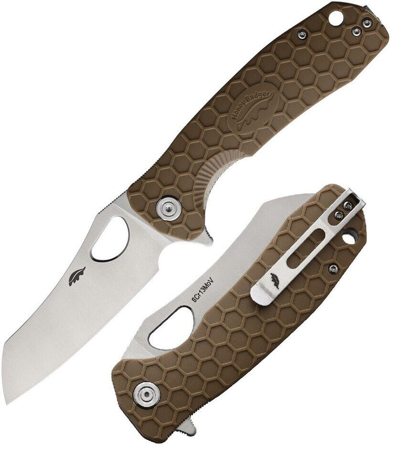 Honey Badger Knives Linerlock Folding Knife 3.63" 8Cr13MoV Steel Warncleaver Blade Tan Textured GRN Handle 1032 -Honey Badger Knives - Survivor Hand Precision Knives & Outdoor Gear Store