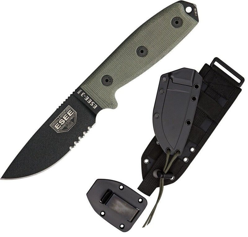 ESEE Model 3MIL Fixed Knife 3.75" Black Powder Coated Part Serrated 1095HC Steel Blade Green Micarta Handle 3MILSB -ESEE - Survivor Hand Precision Knives & Outdoor Gear Store