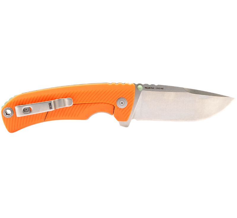 SOG Tellus FLK Framelock Folding Knife 3.75" CRYO 440 Steel Blade Orange Textured GRN Handle G14060343 -SOG - Survivor Hand Precision Knives & Outdoor Gear Store