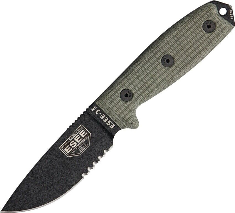 ESEE Model 3MIL Fixed Knife 3.75" Black Powder Coated Part Serrated 1095HC Steel Blade Green Micarta Handle 3MILSB -ESEE - Survivor Hand Precision Knives & Outdoor Gear Store