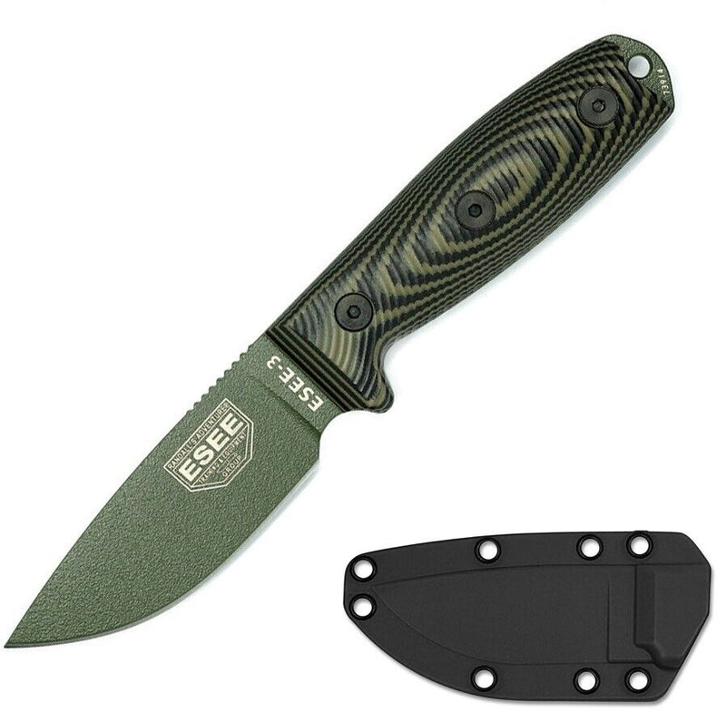 ESEE Model 3 Fixed Knife 3.88" OD Green Powder Coated 1095HC Steel Blade 3D Machined G10 Handle 3PMOD003 -ESEE - Survivor Hand Precision Knives & Outdoor Gear Store