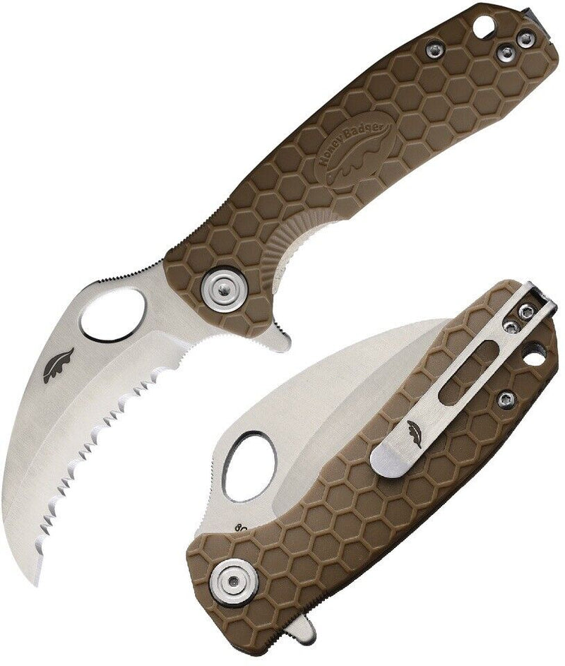 Honey Badger Knives Small Liner Folding Knife 2.75" Serrated 8Cr13MoV Steel Claw Blade Tan Textured GRN Handle 1152 -Honey Badger Knives - Survivor Hand Precision Knives & Outdoor Gear Store