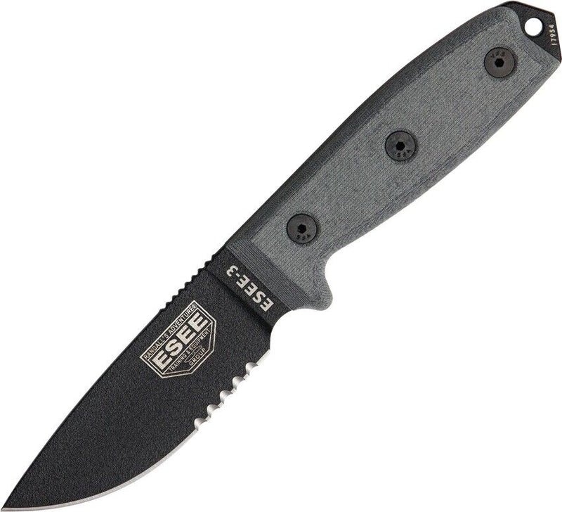 ESEE Model 3 Fixed Knife 3.75" Black Powder Coated Part Serrated 1095HC Steel Blade Micarta Handle 3SB -ESEE - Survivor Hand Precision Knives & Outdoor Gear Store