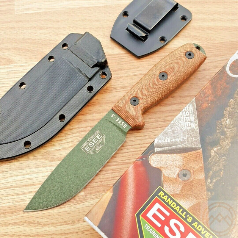 ESEE Model 4 Fixed Knife 4.5" OD Green Powder Coated 1095HC Steel Blade Natural Canvas Micarta Handle 4POD011 -ESEE - Survivor Hand Precision Knives & Outdoor Gear Store