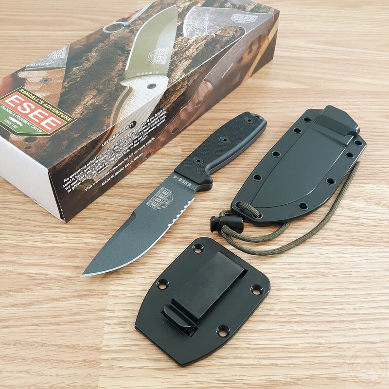 ESEE Model 4 Tactical Fixed Knife 4.5" Black Powder Coated Part Serrated 1095HC Steel Blade Micarta Handle 4SCPTGB -ESEE - Survivor Hand Precision Knives & Outdoor Gear Store