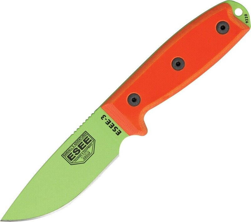 ESEE Model 3 Fixed Knife 3.75" Green Powder Coated 1095HC Steel Blade Orange G10 Handle 3PMVG -ESEE - Survivor Hand Precision Knives & Outdoor Gear Store