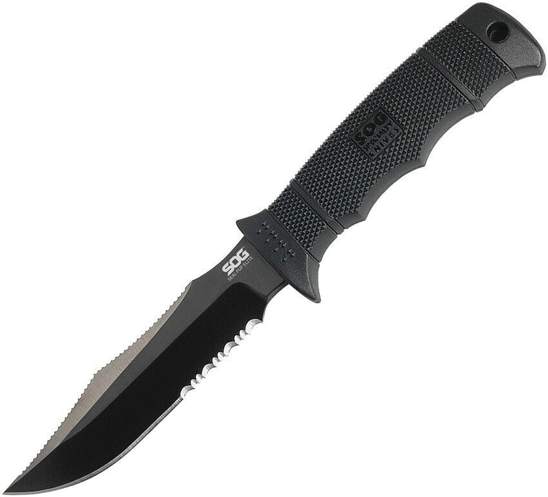 SOG SEAL Pup Elite Fixed Knife 4.5" Part Serrated Black TiNi Coated AUS-8 Steel Blade Glass Reinforced Zytel Handle GE37TK -SOG - Survivor Hand Precision Knives & Outdoor Gear Store