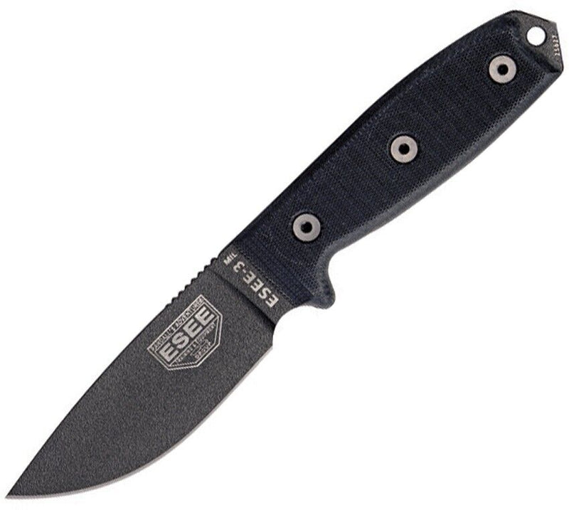 ESEE Model 3 Fixed Knife 3.75" 1095HC Steel Plain Edge Blade Black G10 Handle 3MILPBLK -ESEE - Survivor Hand Precision Knives & Outdoor Gear Store