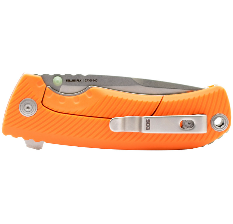 SOG Tellus FLK Framelock Folding Knife 3.75" CRYO 440 Steel Blade Orange Textured GRN Handle G14060343 -SOG - Survivor Hand Precision Knives & Outdoor Gear Store