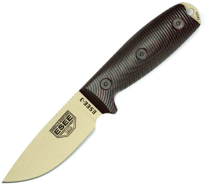 ESEE Model 3 Fixed Knife 3.88" Desert Tan Powder Coated 1095HC Steel Blade Black And Red 3D Machined G10 Handle 3PMDT004 -ESEE - Survivor Hand Precision Knives & Outdoor Gear Store