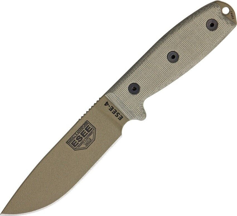 ESEE Model 4 Fixed Knife 4.5" Dark Earth Powder Coated 1095HC Steel Blade OD Green Micarta Handle 4PMBDE -ESEE - Survivor Hand Precision Knives & Outdoor Gear Store