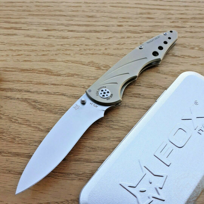 Fox Framelock Folding Knife 3.5" ATS-34 Steel Blade Tan Titanium Handle 180B -Fox - Survivor Hand Precision Knives & Outdoor Gear Store